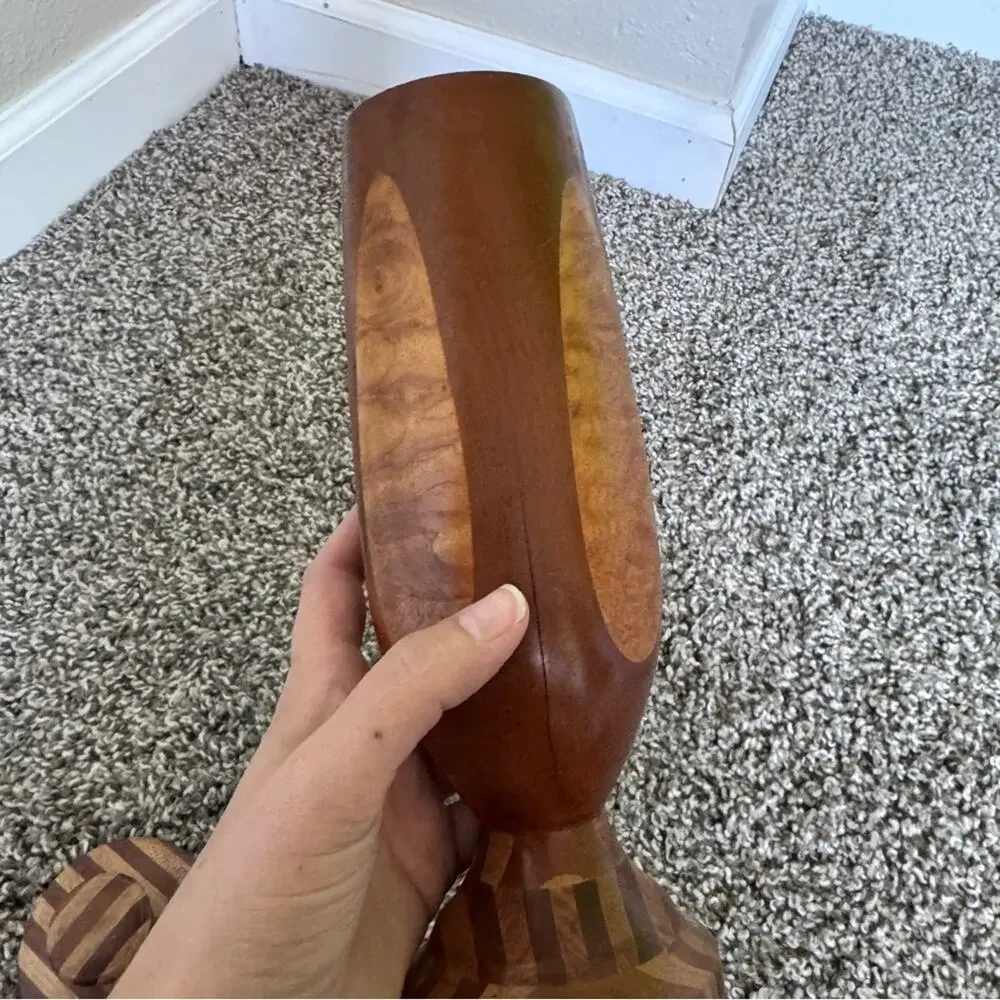 Vintage 1940s Wood Inlay Lidded Vase Artist Signed Unique MCM Home Decor